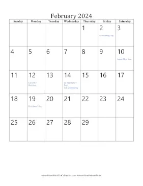 February 2024 Calendar (vertical) Calendar