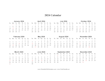 2024 Calendar One Page Horizontal Descending Holidays In Red Calendar