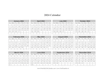 2024 Calendar One Page Horizontal Grid Descending Calendar