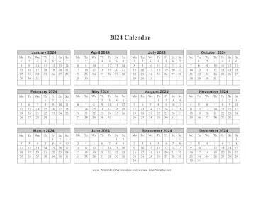 2024 Calendar One Page Horizontal Grid Descending Monday Start Calendar