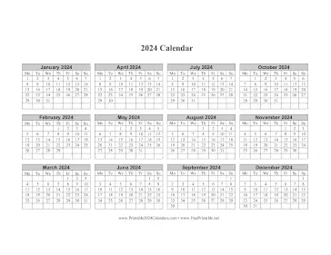 Monday 2024 Calendar Horizontal