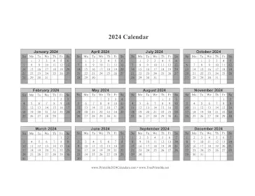 2024 Calendar One Page Horizontal Grid Descending Shaded Weekends Calendar