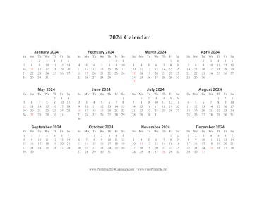 2024 Calendar One Page Horizontal Holidays In Red Calendar