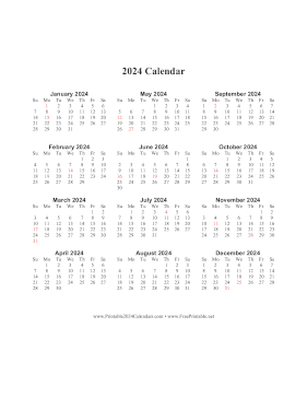 2024 Calendar One Page Vertical Descending Holidays in Red Calendar