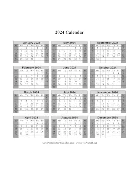 2024 Calendar One Page Vertical Grid Descending Shaded Weekends Calendar