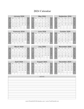 2024 Calendar One Page Vertical Grid Descending Shaded Weekends Notes Calendar