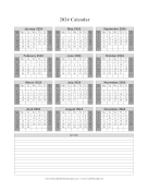 2024 Calendar One Page Vertical Grid Descending Shaded Weekends Notes calendar